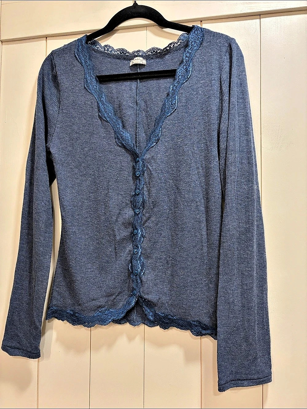 Free People Blue Lace Trim Long Sleeve Top